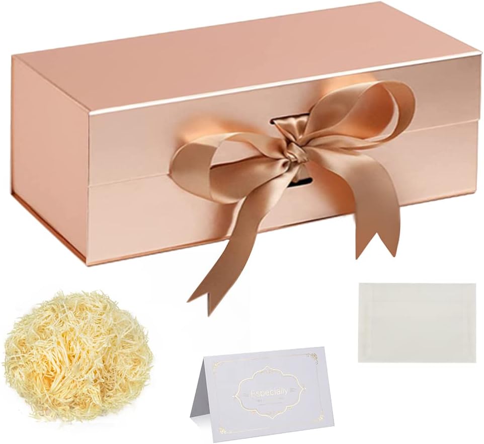 caja con lazo de color dorado rosa